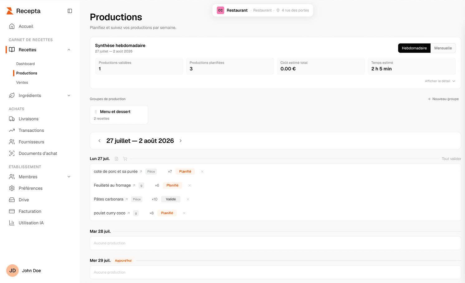 Vue hebdomadaire des productions dans l'application Recepta